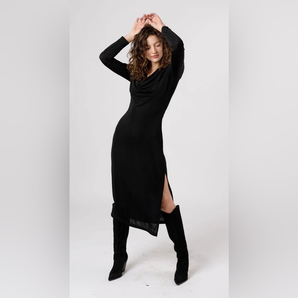 ANNABELLE BLACK COWL NECK MIDI DRESS - Picture 1 of 5